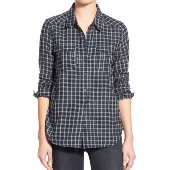 PAIGE blouse Mya rosette blue plaid metallic thread button down top Medium - Picture 1 of 9